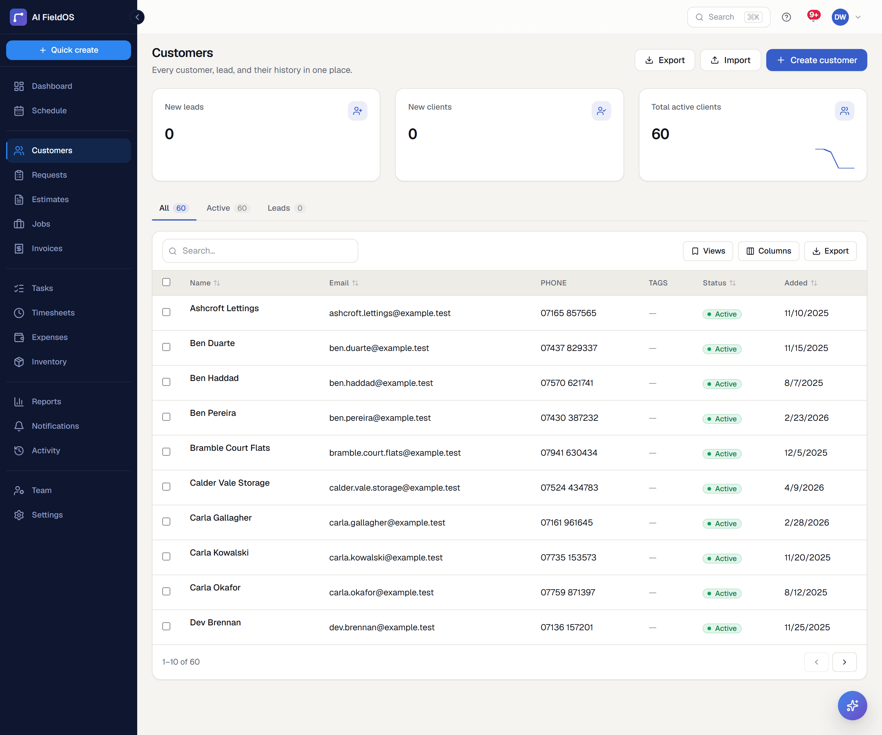 The customer list, searchable and sortable, showing contact details and outstanding balances.