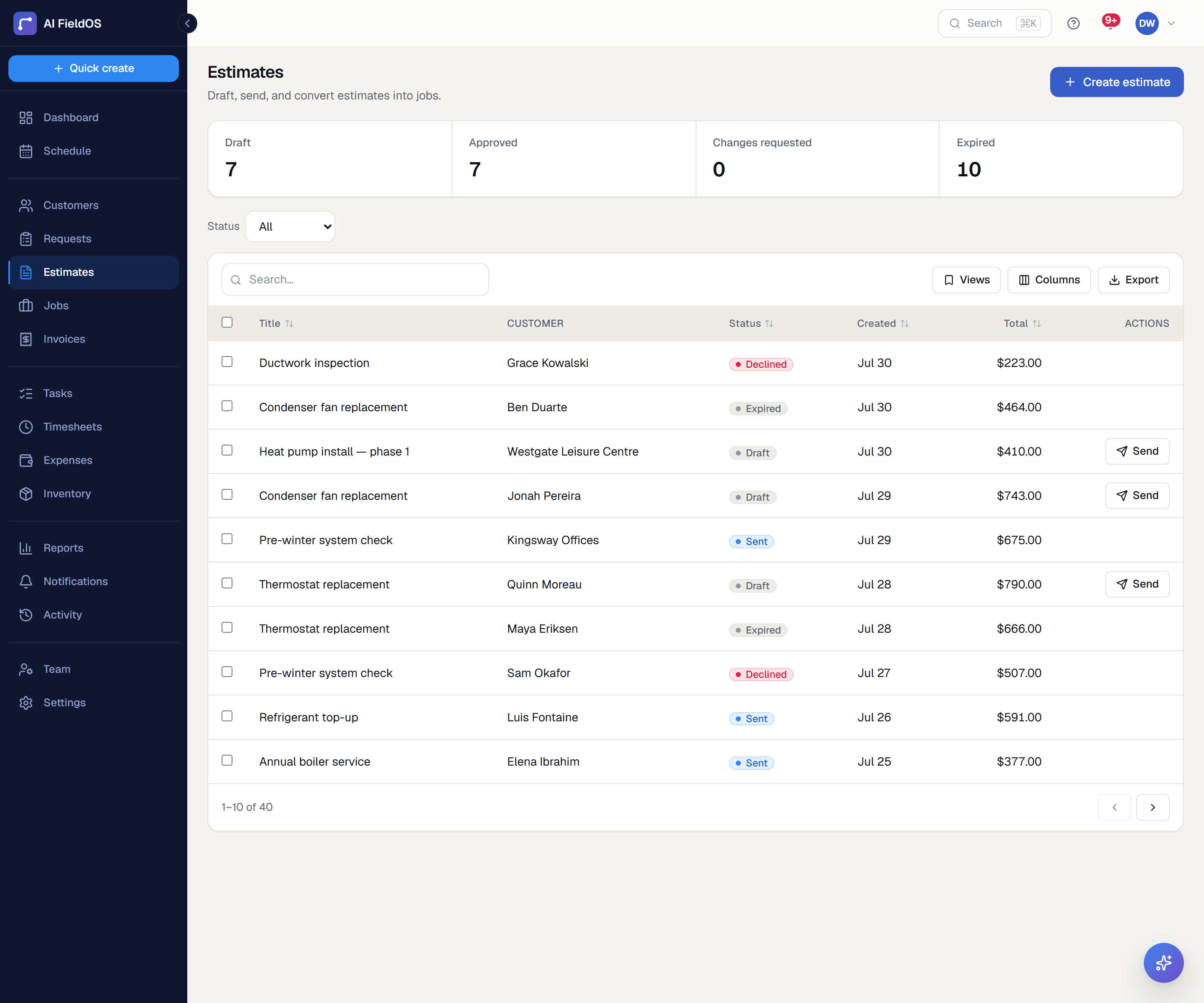 The estimates list, showing quotes by status from draft through sent, approved and declined.