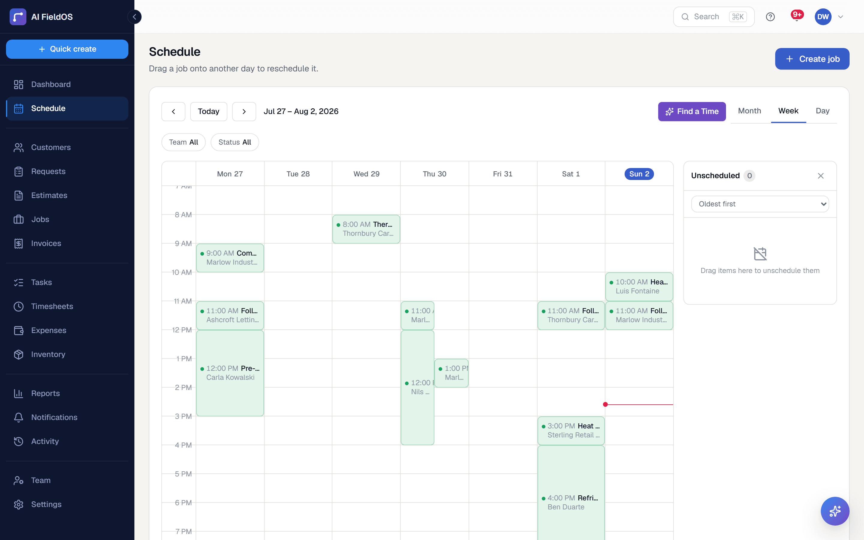 The scheduling calendar, showing visits laid out across the week with an assigned technician on each.