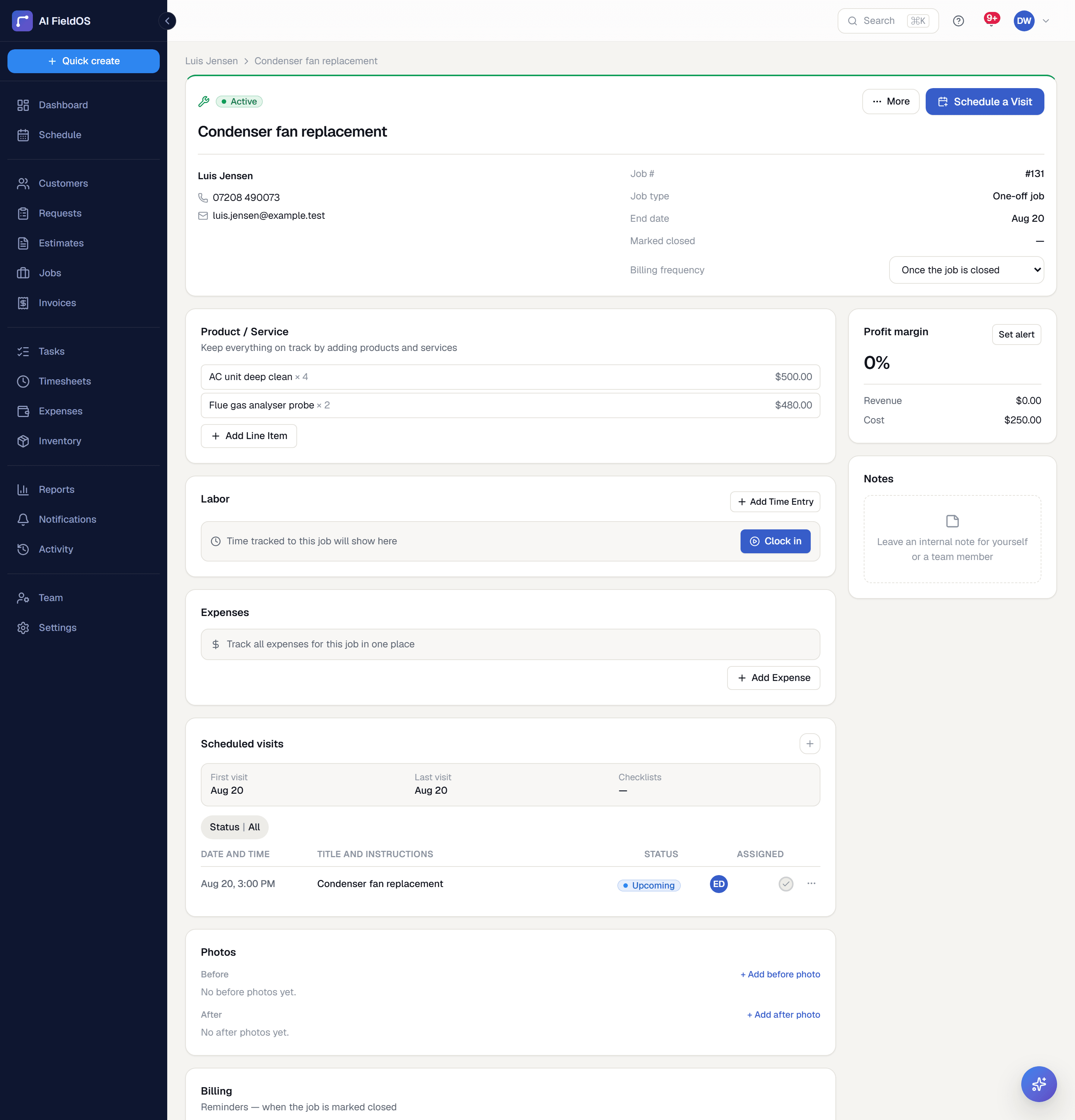A single job's record: customer and contact details, line items with prices, labour and expenses, a profit-margin card, and the visits scheduled against it.