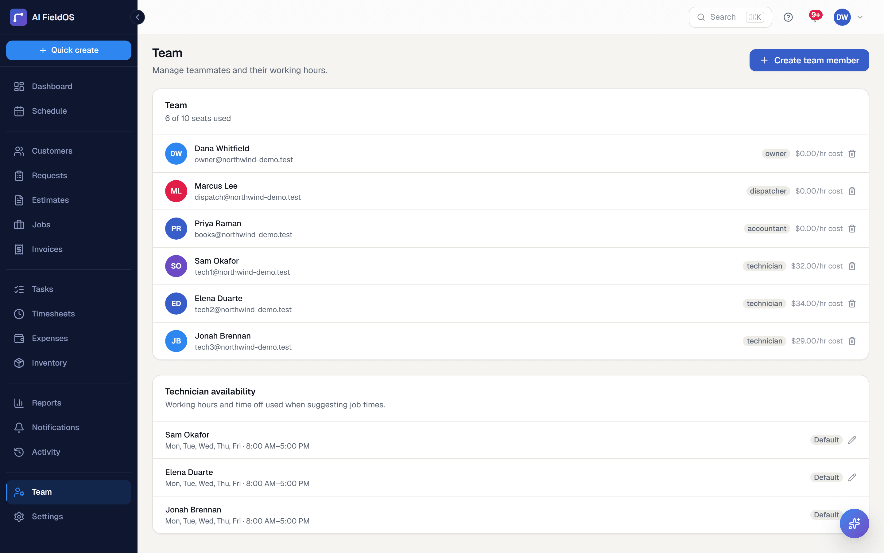 The team page, listing members with their roles and permissions.